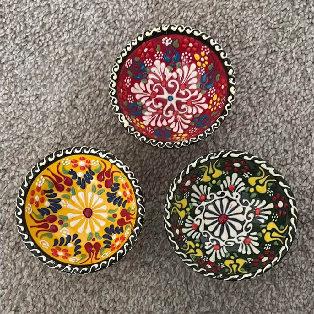 Handcrafted Decorative Bowls from India - Red, Yellow, Green (Selling Together)